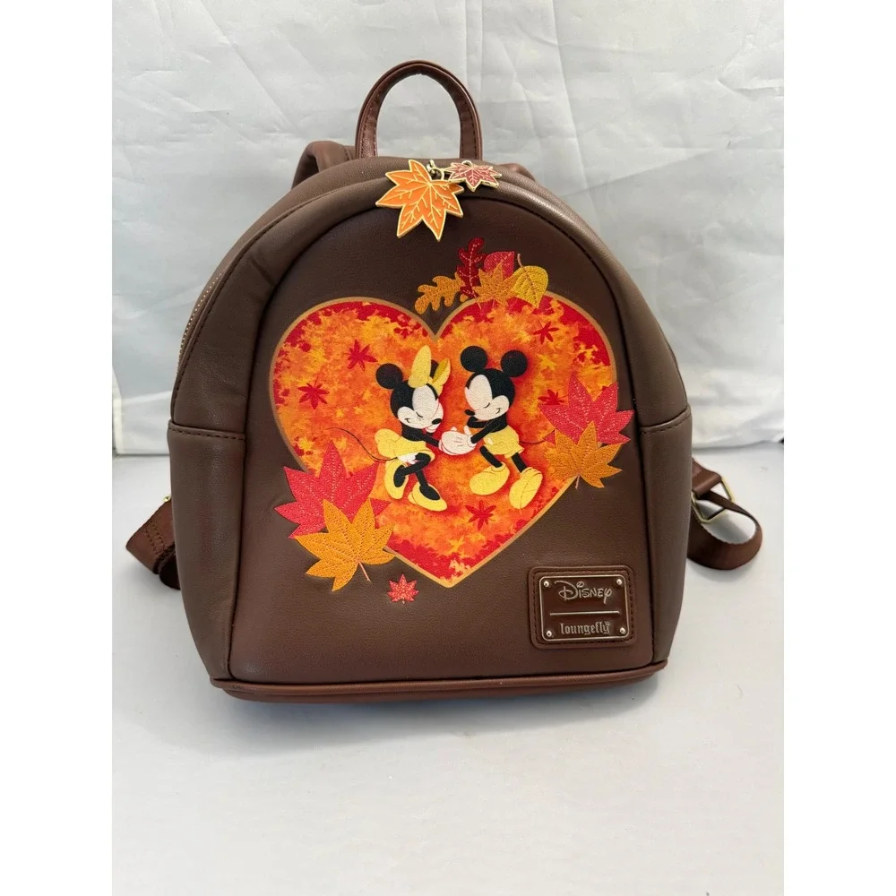 Disney Loungefly Mickey Minnie Mouse Fall Leaves Mini Backpack Brown Collectible